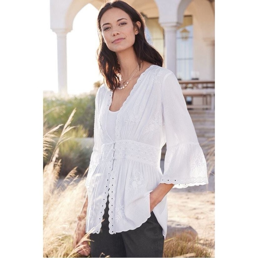 Soft Surroundings Melissani White Embroidered Eyelet Tunic Blouse Sz XS/S Boho